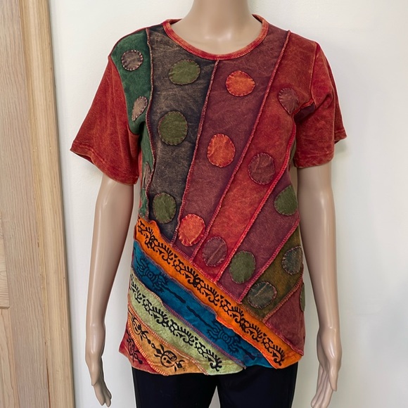 Boho patchwork t shirt made in Nepal - Picture 1 of 6